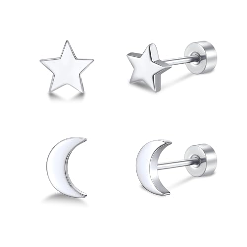 2 Pairs Flat Back Earrings Women, Titanium Star and Moon Earrings, Heart & CZ Flatback Stud, Butterfly & Lightning Screw Back, Crosses and Triangles Stud, Gold/Pink/Silver/Black Options