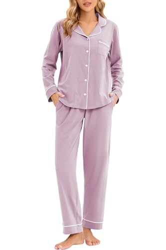 Image of LUBOT 100% Cotton Pajamas for Women PJ Set Soft Long Sleeve Button-Down Shirt 2 PC Set Warm Sleepwear Loungewear Night Suit (Lavender, M)