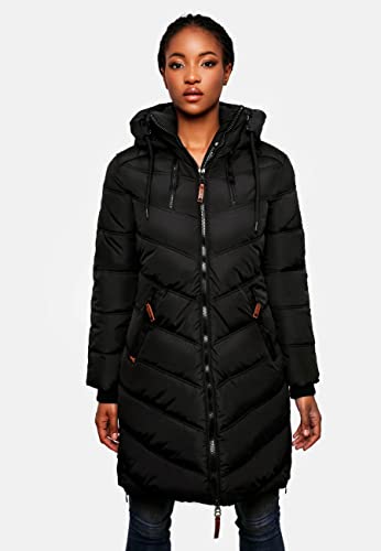 MARIKOO Damen Wintermantel Warmer Steppmantel lang mit Verstellbarer Kapuze Armasa Schwarz Gr. XL