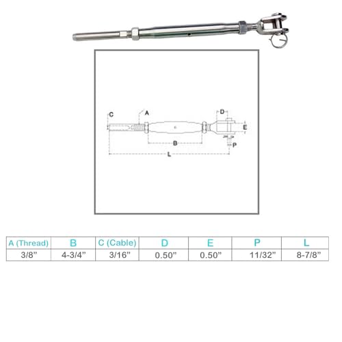 Prolinemax Turnbuckle de Quijada y Tenedor para Cable de Acero Inoxidable T316 3/16" con Rosca de 3/8" miniatura 2