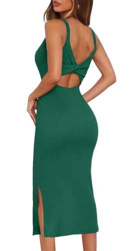 oten Summer Dresses for Women 2026 Twist Open Back Sleeveless Bodycon Ribbed Knit Knee Length Midi Party Dress with Slit Green Large