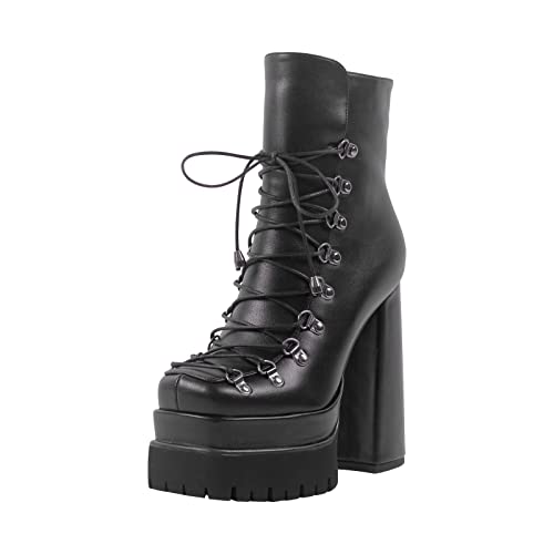 Onlymaker Ankle Boots Black Lace Up Embellished Boots With Grommets Block Heeled Zip Up Double Platform Booties With Tread Soles Pu Leather Size 6 #TOP2