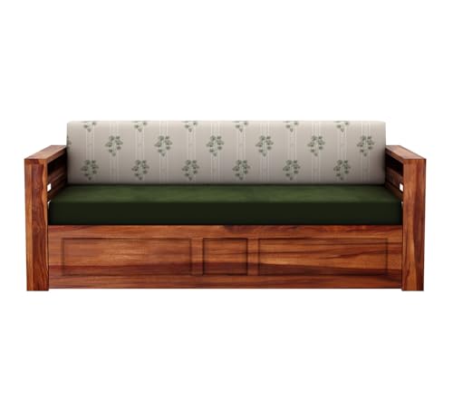 Image of Mamta Furniture Sheesham Wood 3 Seater Sofa Cum Bed | Living Room Convertible Bed | Honey Palm Leaf Stripes Finish | Double Size Bed Frame | Upholstered Headboard