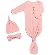 Soft Newborn Knotted Gown with Hairband and Hat, Baby Boy Girl Coming Home Outfit, Sleeper Baby S...