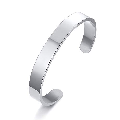 MEALGUET Minimalist Cuff Bracelet Stainless Steel Inspirational Bracelets Free Custom Engraved Name Mantra Text Bangle Open Cuff Bangle for Men Women,Silver, 10mm Width