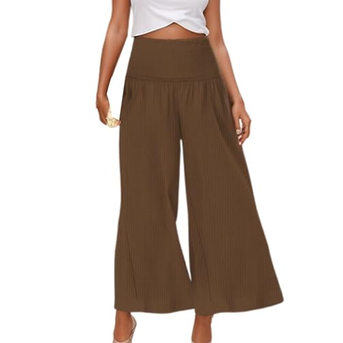 Pantalon lin femme jambes larges droit taille haute élastique