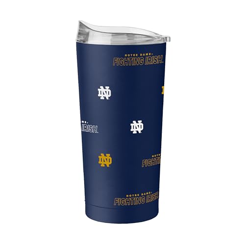 Logo Brands NCAA Notre Dame Fighting Irish Step & Repeat 20 oz Stainless Steel Tumbler All Over Logo Design Powder Coated Double Wall Vacuum Insulated - Keeps Drinks Hot & Cold For Hours