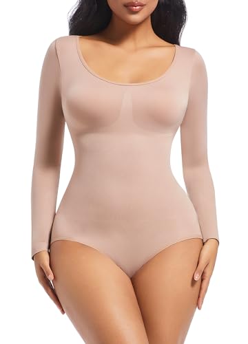 ONEW Damen Body Bauchweg Shapewear Bodysuit U-Ausschnitt Langarmbody Rundhals Unterhemd Butt Lifting Miederbody Body Shaper Beige S