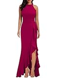 WOOSEA Women's High Neck Split Bodycon Mermaid Evening Cocktail Long Dress Magenta