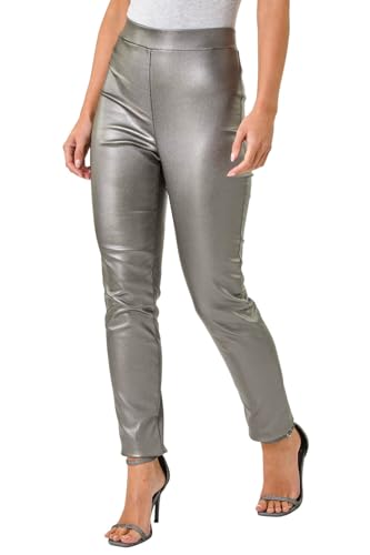 Roman Faux Leather Trousers for Women UK Ladies Mat Legging Jegging Pants High Waisted Pull On Waterproof Wet Latex Imitation Coated Stretchy Jeans Tight Slimming PU - Silver - Size 12