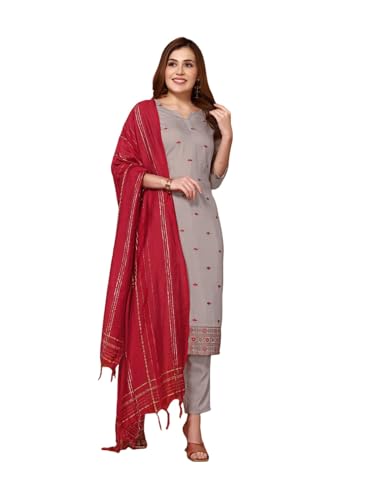 Sanisa Women's Chinnon Embroidery Straight Kurta With Pant And Self Woven Dupatta (54Kbd631Nz-S_Dusty Brown)