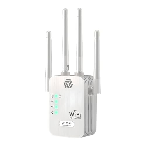 COKOEYE 2.4GHz WiFi Range Extender | 300Mbps Wireless Signal Booster with 4 Antennas, 2 LAN Ports | Covers Up to 10m, Supports 10 Devices | Repeater, Router & AP Modes | Plug & Play Setup