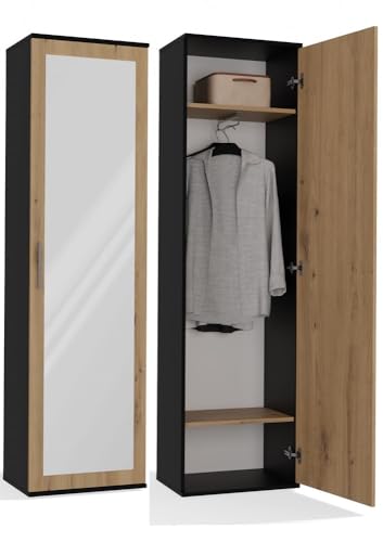 CDF ATARA - Armoire d'entrée avec grand miroir - 180x50x35cm - 2 étagères + espace de suspension - Meuble d'entrée