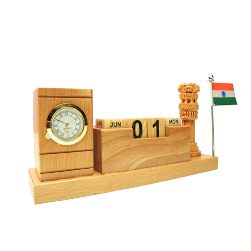 Image of CRAFT CLOSET & GIFTS Wooden Desk Organizer with Pen Stand,Mobile Holder,Flag,Ashoka Pillar,Clock,and Calendar-Stationery Personalized Office Accessory For IAS,Advocates,Office&Corporate Gifts,Brown