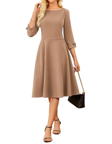 GRACE KARIN A Line Modest Church Dresses for Women,Wedding Guest Midi Swing Dress,Office Dress with Pockets Khaki M
