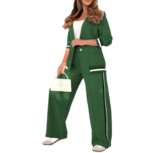 2025 Temperament Solid Color Ribbed Suit Set, Womens Dressy 2 Piece Pant Suits,Blazer and Straight Leg Pants Sets