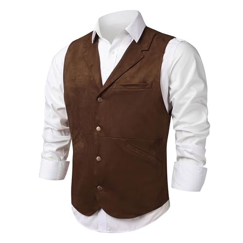 Men's Faux Suede Leather Suit Vest,Vintage Western Cowboy Casual Slim Dress Vest,Waistcoat for Wedding