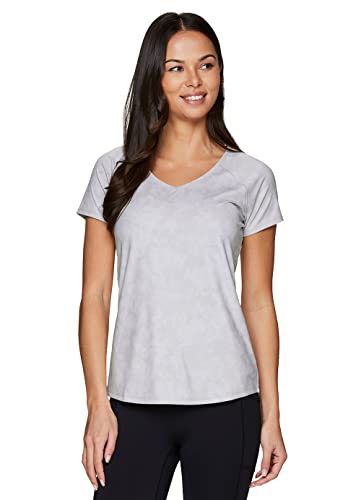 Rbx Active Women's Athletic Fashion Workout Running Tee, Printed Everyday Stretch V-Neck Ultra Soft Short Sleeve T-Shirt Tonal Floral Light Grey M #TOP29