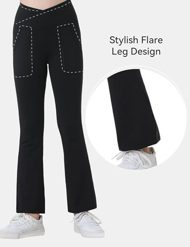 Girls Flare Leggings High Waisted Flare Pants with Pockets Bootcut Black Bell Bottoms Stretchy V-Cross 5-16 Years4
