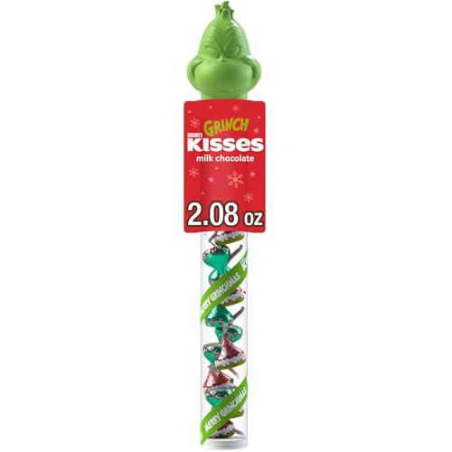HERSHEY'S KISSES Grinch Milk Chocolate Candy, Christmas, 2.08 oz Filled Plastic Cane