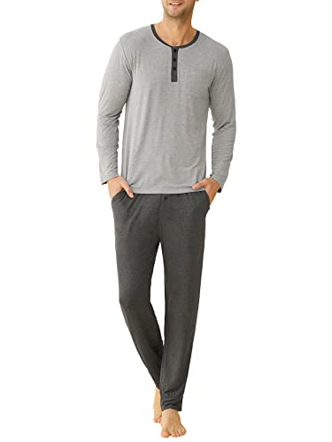 Latuza Men's Viscose Pajamas Set Henley Long Sleeves Top Pants