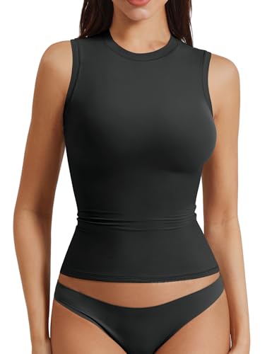 Image of YEOREO Women Basic Mock Neck Workout Crop Top Sleeveless Double Lined Tank Tee Slim Fitted Ruched Going Out Camisole