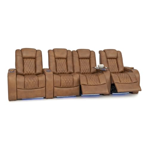 Image of Seatcraft Virtuoso LT Tawny Italian Leather Home Theater Seating, Zero Gravity Power Recliner, Heat and Massage, Powered Headrest and Lumbar Gaming and Home Office Chair, Row of 4 Right Loveseats