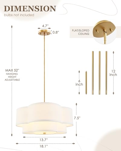 Image of 18 inch Chandelier, 3-Light Gold Pendant Light Fixtures with Dual Layer White Fabric Shade in Quatrefoil Shape, Double Drum Chandeliers for Dining Room Kitchen Living Room Bedroom, AD-22007-3P-GD