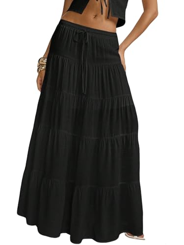 Image of Women's Boho Maxi Skirt Ruffle Flowy Low Rise A Line Beach Long Skirts | Flared Ruffle, Elastic Waist, Summer Vacation Skirts