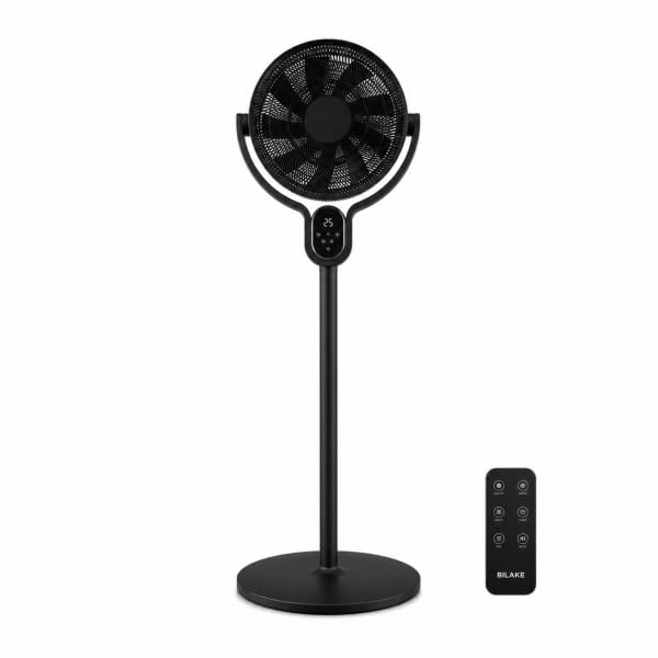Bilake Ventilador de Pie Cadalso Diseño Interior Moderno | Motor DC 25W Ultra Silencioso 40dB | 9 Aspas 8 Velocidades | Oscilación 90º Mando a Distancia | Temporizador 12h | Altura 100-136cm (Negro)