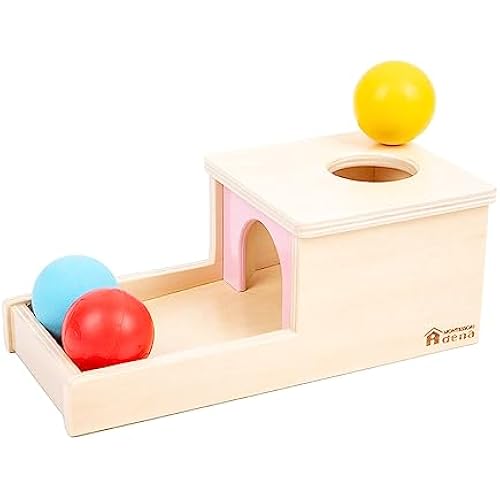 Adena Montessori Object Permanence Box with Tray Three Balls Montessori Toys for 6-12 Months Baby 1 Year Old Infant Toddler Wooden Pink Door for Girl