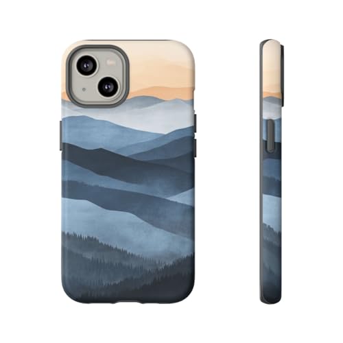 Coque rigide iPhone 14 paysage montagne bleu beige protection fine et mate