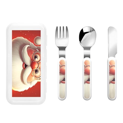 Stainless Steel Kids Silverware Set, Santa Claus Wearing Glasses Utensil Set Reusable Children Safe Knife Spoon Fork Set With Storage Case Dishwasher Safe For Lunch, Travel Outdoors