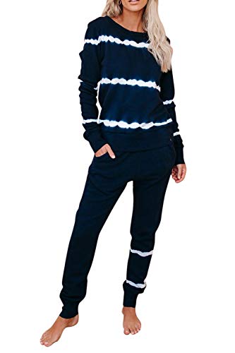 Viottiset Women's 2 Piece Tie Dye Sweatsuit Lounge Set Loungewear Sweatpants Sets Pocket Navy Blue X-Large
