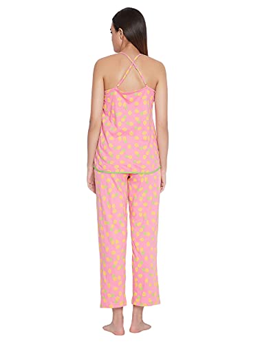 Image of Clovia Women's Cotton Printed Cami Top & Pyjama Set - Pink