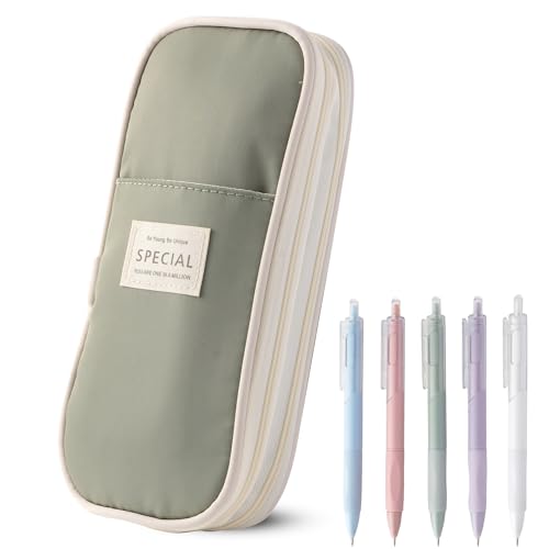 Large Capacity Pencil Case, Pencil Pouch with 5 Black Gel Pens (0.5mm), Big Zipper Pen Bag for Students, Aesthetic School Supplies, Cute Stationery Set for Girls and Women (Green)