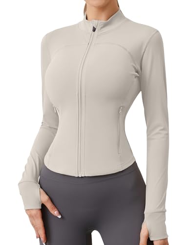 IECCP Sportjacke Trainingsjacke Damen Laufjacke Leichte Dünne Jacke Gym Activewear Sport Kleidung Frauen Sportklamotten Eng Yoga Sportswear Elfenbeingrau M
