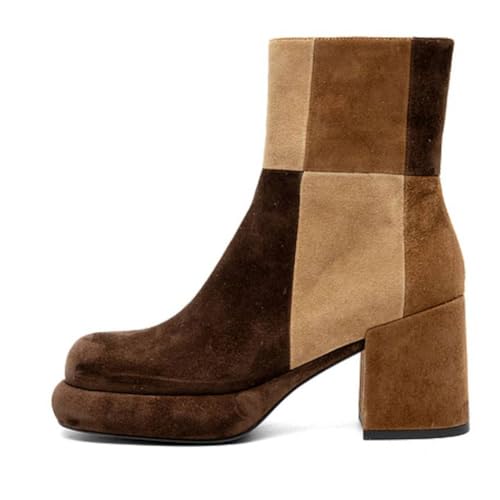 Pazzion Women Platform Closed Round Toe Ankle Booties Side Zippers Mid Block Heels Patchwork Short Boots Formal Working Office Shoes Size 4-16 US2
