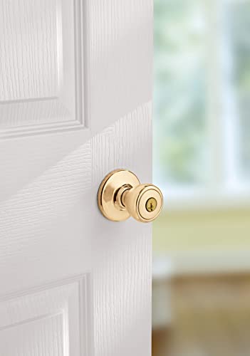Kwikset Tylo Entry Door Knob with Lock and Key, Secure Keyed Handle Exterior, Front Entrance and Bedroom, Polished Brass, Pick Resistant SmartKey Rekey Security