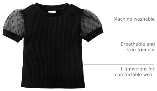 Image of OPAWO Toddler Girl Shirts, Puff Dot Sleeve Baby Tee Shirt, Ribbed Short Sleeve T-Shirt, Solid Color Girls Tshirt Tops, 12M-7Y