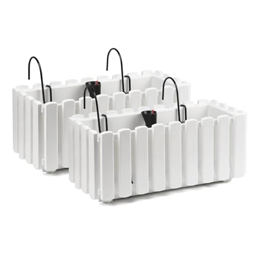 Tymar Blumenkasten mit Halterungen landhausstil, Balkonkasten lattenoptik, Pflanzkasten Landhaus, 2er-Pack, Garten, Balkon, Terrasse (Weiß, 40 cm)
