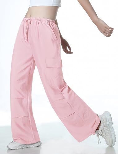 Image of EXARUS Girls Parachute Pants Cargo Hip Hop Wide Leg Baggy Y2K Teen | Tween Casual School Dance Streetwear with Pockets Elastic Waist Youth Junior Kids Bottoms Hiking 8-14Y
