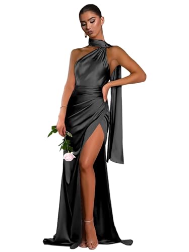 Sukleet Women's Satin One Shoulder Bridesmaid Dresses Long with Slit Shawl Ruched Mermaid Formal Prom Dress