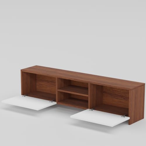 Image of Modern Living Room TV Stand with Open Display Compartment, Dual Side Storage Units, and Clean Contemporary Design for Home Decor | Assembly-DIY | Color-Cherry Pine & White