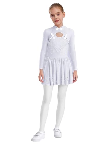 Yhong Vestido de patinaje artístico para niña, manga larga, vestido de calabaza con diamantes de imitación, malla de empalme, maillot con falda plisada, disfraz de baile de competición, Blanco, 146