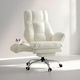 Big and Tall Office Chair, Flip Armrests for Pets & Cross Legged Sitting, Executive Ergonomic Computer Gaming Chair with Footrest, Teddy Fleece Wide Seat Reclining Desk Chair, White Vanity Chair