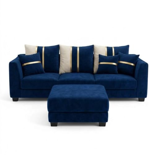 Image of Vero Plush Comfort Sofa Set | 3 Seater + 2 Seater with Ottoman | Luxury Velvet Suede Fabric | Modern Living Room Sofa | Dark Blue