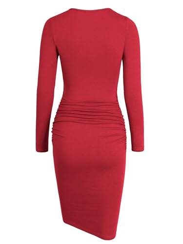 Image of Missufe Women's Long Sleeve Slim Ruched Bodycon Dress 2025 Trendy Fall Casual Round Neck Sheath Knee Length Outfits Clothes
