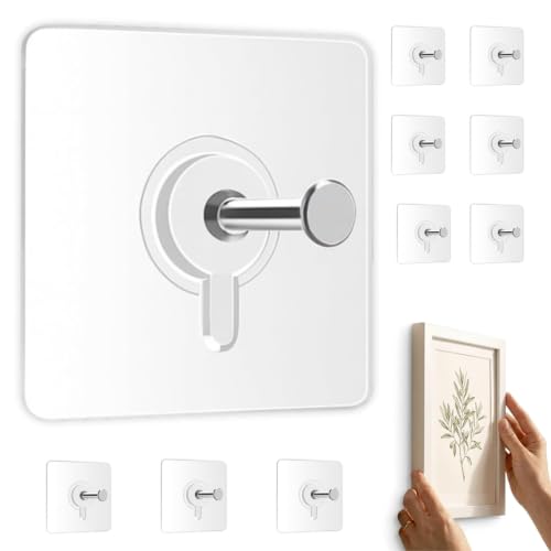 Image of KONVIO NEER Photo Frame Hooks for Wall Without Drilling - 10 Pack Self Adhesive Wall Hooks Heavy Duty | Strong Nail-Free Transparent Stainless Steel Hanging Hooks for Home, Kitchen, Bathroom & Office