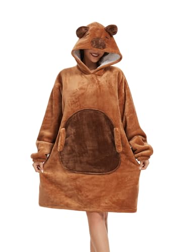 Trs Chic Mailanda Capybara Wearable Blanket Hoodie with Animal Hood Warm Flannel Sherpa Sweatshirt Blanket for Adults